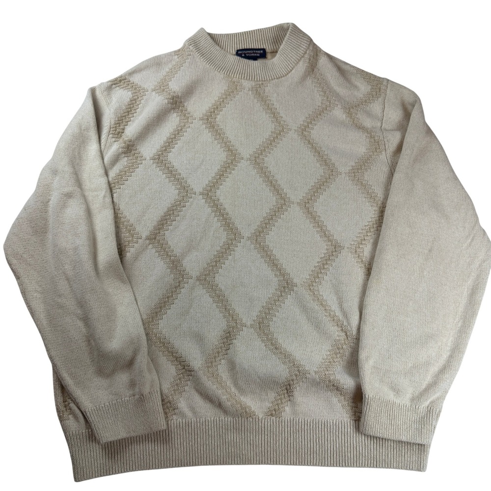 Roundtree & Yorke Mens XL Cream Beige Diamond Knit Cotton Crew Neck Sweater